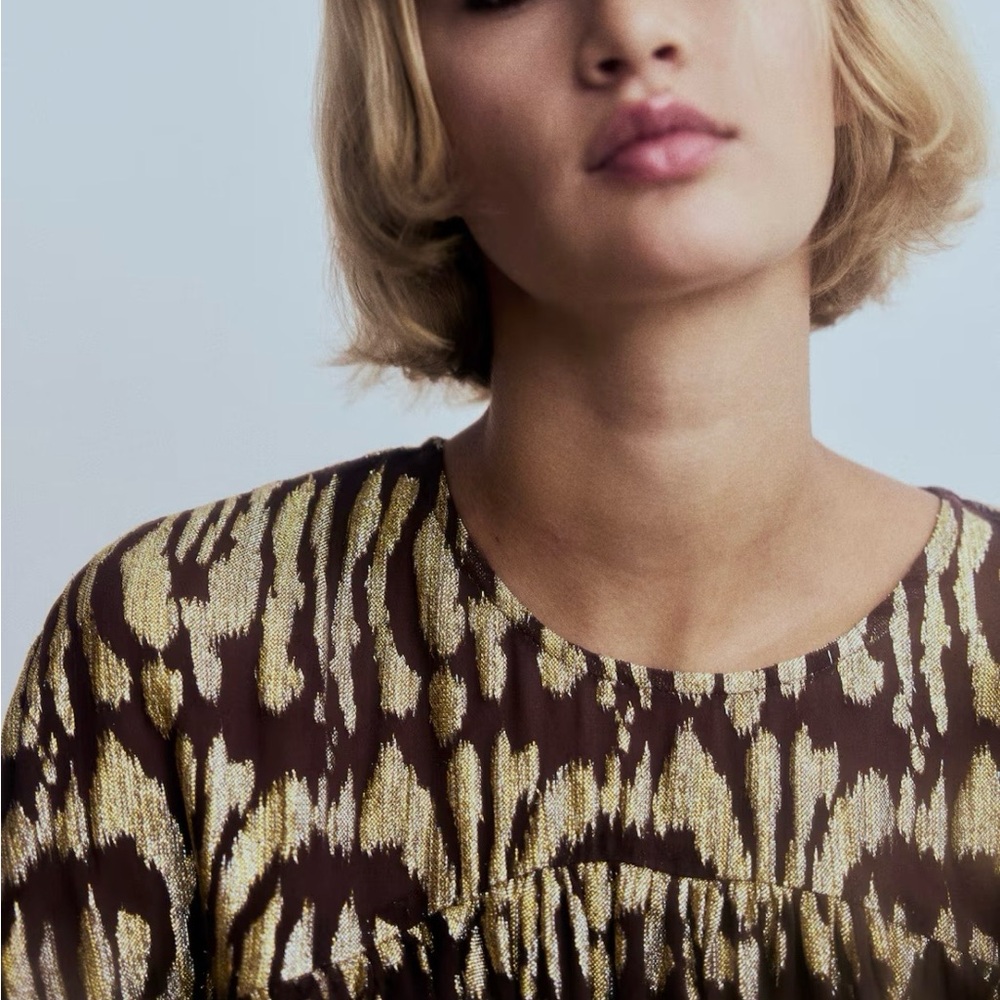 NWT H&M Oversized Jacquard-Weave  Long Sleeve  Dress (Dk Brown/Gold-Pattern) XL - Picture 4 of 7